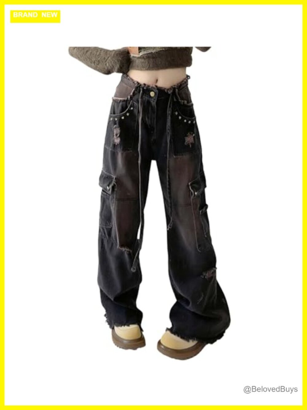 Womens Baggy Cargo Denim Pants Drawstring Ripped Y2K Jeans